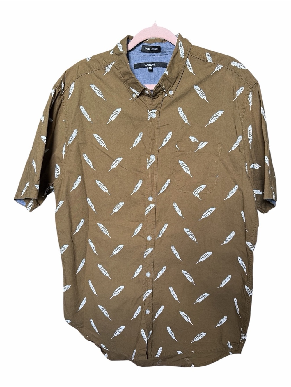 Carbon Short-Sleeve Button-Up in Brown with White Feather Print - Men’s Size XL